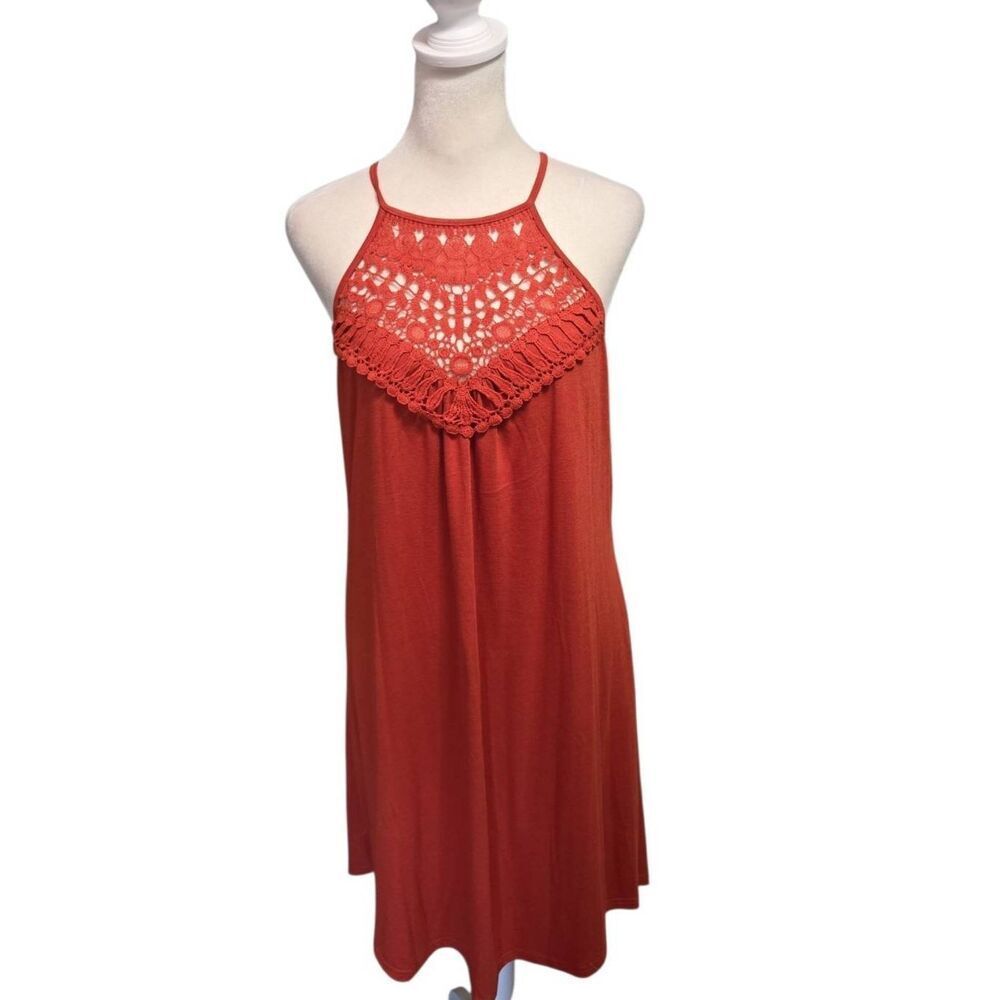 NWT Sweetnight Rust Orange Crochet Lace Halter Neck Mini Dress - Size M